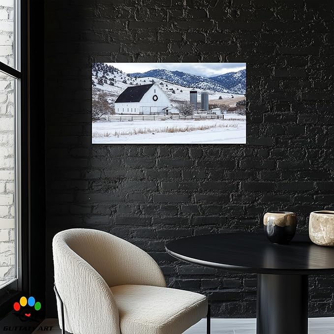 GUTTATY Christmas Winter Barn Canvas Wall Art, Rustic Farmhouse Winter Scene Pictures, Snowy Holiday Wall Decor, Countryside Canvas Print with White Barn for Living Room, Bedroom, Office, 24x12 Inch