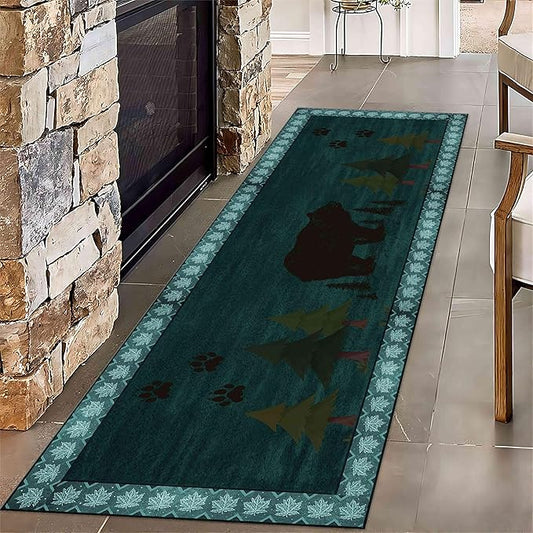 Black Bear Runner Rug,2.6x7ft,Retro Wildlife Woodland Bear Hallway Rug,Rubber Backed Kitchen Room Non Slip Runner Carpet,forFarmhouse Washable Bedroom Rug Long