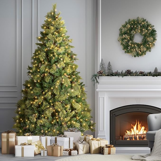 National Tree Company Carolina Pine 7.5 Foot Artificial Holiday Prelit Christmas Tree w/750 Clear Lights, Pinecones, 1399 Branch Tips and Metal Stand