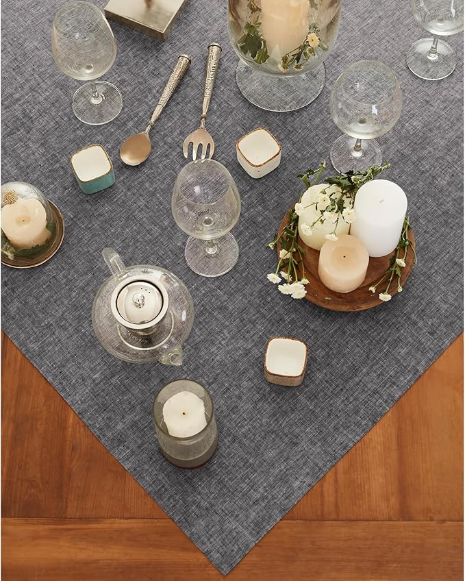 Solino Home Linen Cloth Tablecloth 52 x 52 Inch - 100% Pure Linen Chambray Black Square Tablecloth - Athena, Machine Washable Table Throw for Fall, Autumn, Winter, Thanksgiving, Holiday