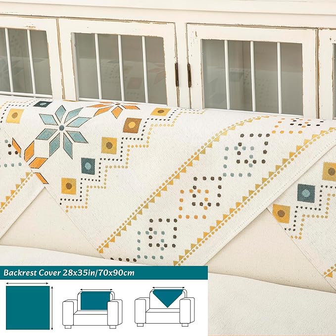 Boho Chenille Couch Covers,Geometric Couch Covers for Sofa,Chenille Couch Cover Non Slip,Sectional l Shaped Sofa Furniture Protector Cover for Home Decor,Off-White_Backrest 28x35in/70x90cm