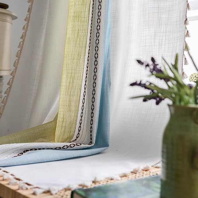 Sutuo Home Boho Curtains 84 inch for Bedroom Living Room, Semi Blackout Linen Farmhouse Tassels Window Treatment Bohemian Embroidery Drape, Rod Pocket 1 Panel 52" W x 84" L, Green Blue Striped Linen