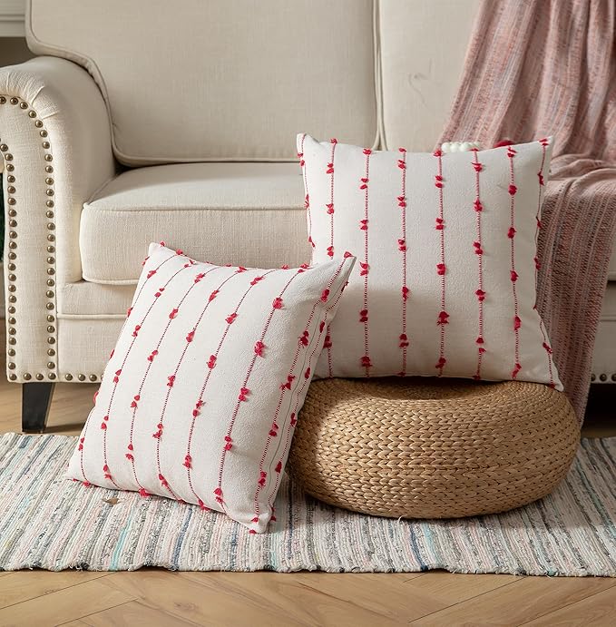 Caflife Boho Christmas Throw Pillow Covers 22x22 inches Beige and Red, Set of 2 Modern Farmhouse Holiday Decorative Pillow Covers for Couch Sofa Bed, Living Room