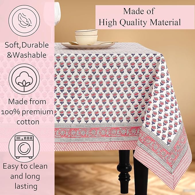 CPC Tablecloth 100% Cotton 70x108 Inch Indian Block Print Rectangle Table Cover, Pink Table Cloth for Weddings, Spring/Summer, Barbeque - Pink Sapphire