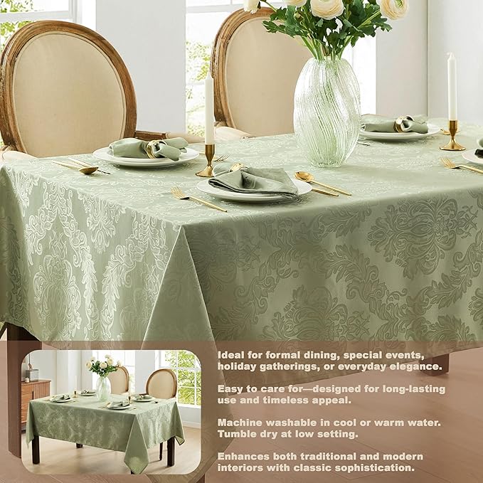 Newbridge Barcelona Damask Fabric Tablecloth, 60 x 102 Inch Rectangle, Sage Green – No Iron, Soil Resistant Table Cover for Dining, Parties and Holidays