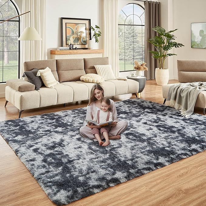 Floralux 8x10 Rugs for Living Room, Tie-Dyed Dark Grey, Ultra Soft Large Shag Bedroom Rug, Fluffy Plush Modern Floor Carpet