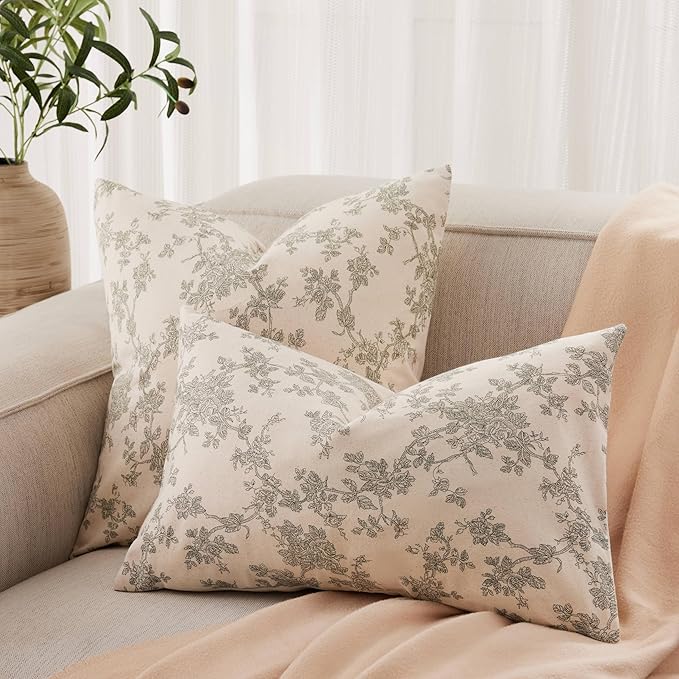 100% Cotton French Pastoral Throw Pillow Covers Set of 2, 24x24 Inch Double Sided/Green, Farmhouse Decorative Cushion Covers for Sofa Bed Living Room Home Decor
