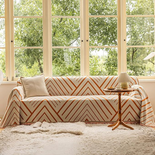 VClife Boho Farmhouse Couch Cover 71''x118'', 1 pc Washable Sofa Covers for 2 Cushion Couch Sofa Kids Soft Chenille Beige Pumpkin Herringbone Home Decor Couch Covers for Bed Sofa Living Room Slipcover