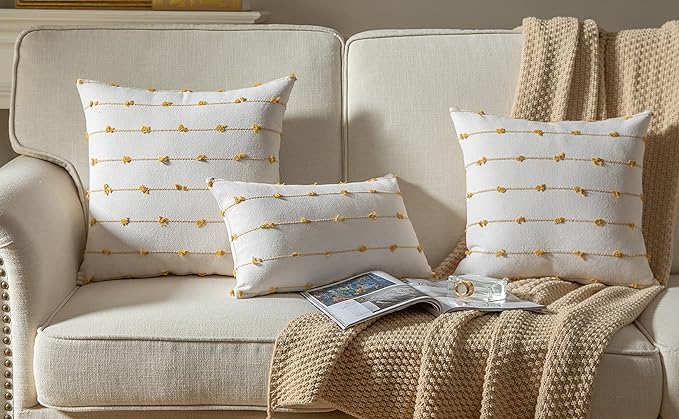 Caflife Boho Throw Pillow Covers 12x20 inches Beige and Yellow, Set of 2 Modern Farmhouse Decorative Pillow Covers for Couch Bed, Living Room