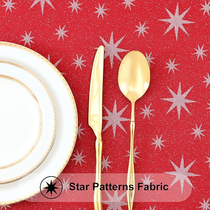 Smiry Rectangle Christmas Red Tablecloth, 60x140 Inch Waterproof Damask Table Cloth, Star Patterns Fabric Table Covers for Christmas Dinner, and New Year Celebration, Red