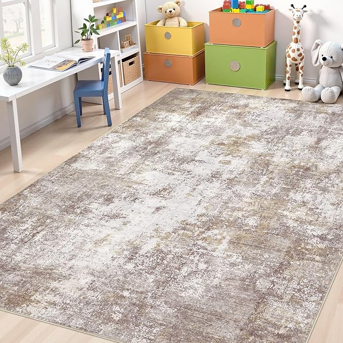 Washable 9X12 Area Rug: Modern Abstract Soft Non-Slip Indoor Rugs Home Decor - Low Pile Stain Resistant Foldable Rug for Living Room Bedroom Dining Room Playroom Office(Golden Brown,9'x12')