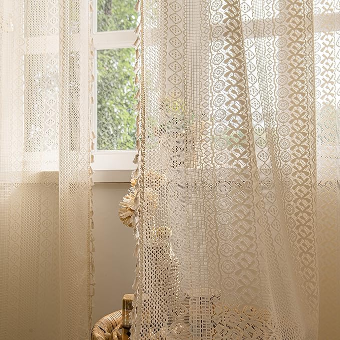 Sutuo Home 2 Panels Boho Curtains 96 Inches Length for Bedroom, Window Treatments Bohemian Sheer Crochet Lace Vintage Drapes Pair, Beige Geometry Knitted with Handmade Tassels Rod Pocket, 52" x 96"