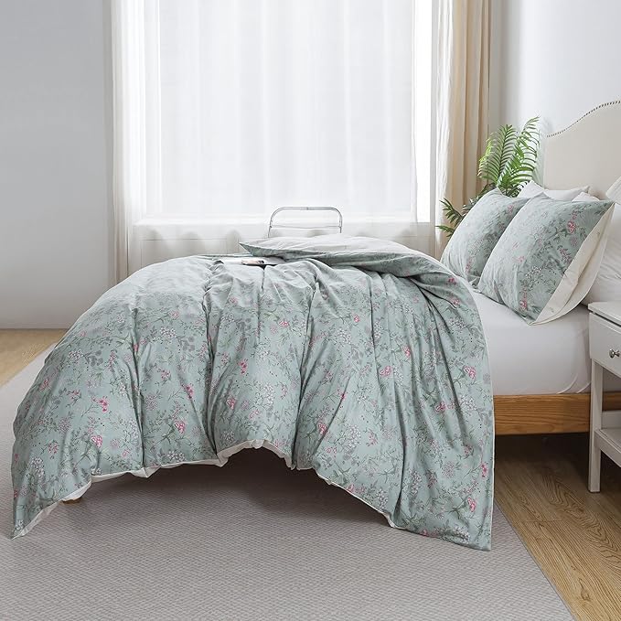 HoneiLife Cotton Duvet Cover Queen - Floral Comforter Cover 3-PC, Flower Floral Bedlinen for Set Queen Beds, Wildflower Comforter Cover Sets for All Season Use