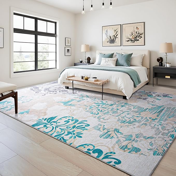 Keeko 6x9 Area Rugs for Living Room, Modern Abstract Floral Pattern Rugs for Bedroom, Soft Washable Rug with Non-Slip Backing Low-Pile Non-Shedding Carpet for Kitchen Home Office Dining Table - Beige