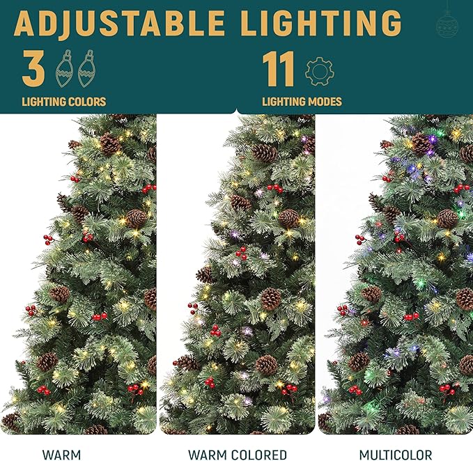 YITAHOME 7.5ft Prelit Carolina Pine Christmas Tree with Remote, Artificial Green Hinged Christmas Tree w/ 1200 Mixed Tips, Pine Needles, 45 Pinecones, 48 Red Berries, 400 Lights & 11 Modes