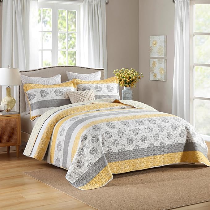 Homzard Quilt Queen Size-Comforter Queen Bedding Set,Yellow Gray White All Cotton Quilted Bedspread, Striped Floral Pattern Quilt Set,Lightweight Paisley 3 Piece,All Seasons