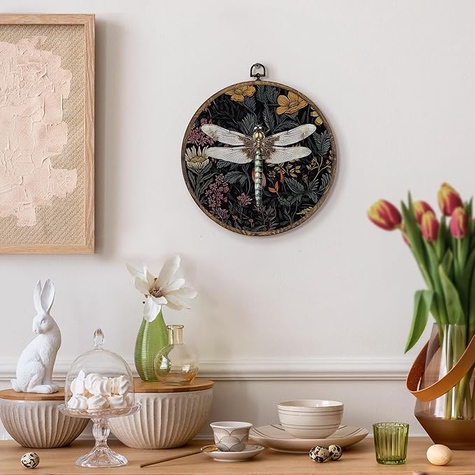 KFXHANGD Vintage Dragonfly Round Wall Art Framed, Dragonfly Wall Decor, Dark Green Botanical Canvas Wall Art Decor, Dragonflies Floral Hanging Wall Decor for Bathroom Living Room Bedroom,10x10