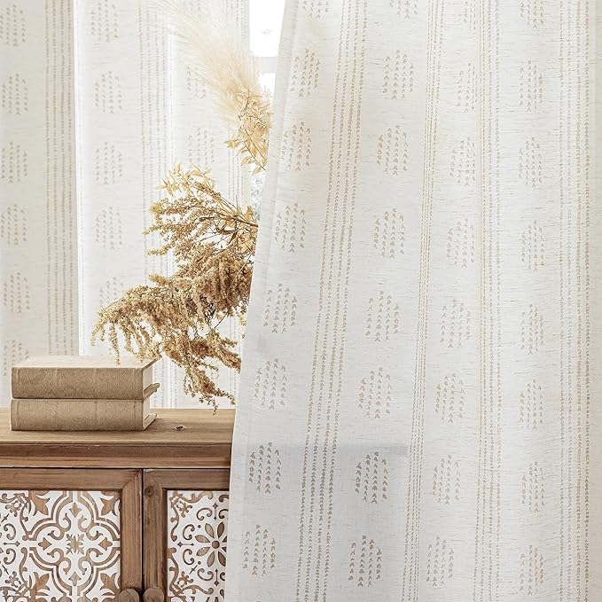 Boho Linen Curtains for Bedroom Living Room Taupe Farmhouse Boho Curtains 96 Inches Long Geometric Striped Patterned Mudcloth Grommet Top Light Filtering Window Drapes 2 Panels Taupe on Beige