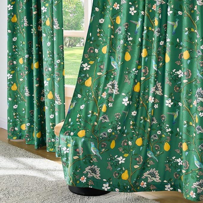 MUSSEL Velvet Whimsical Floral Curtains 63 inches Long,Dark Green Luxury Botanical Room Darkening Curtain Drapes,2 Panels Mid Century Hummingbird Art Deco Window Curtains for Living Room Bedroom