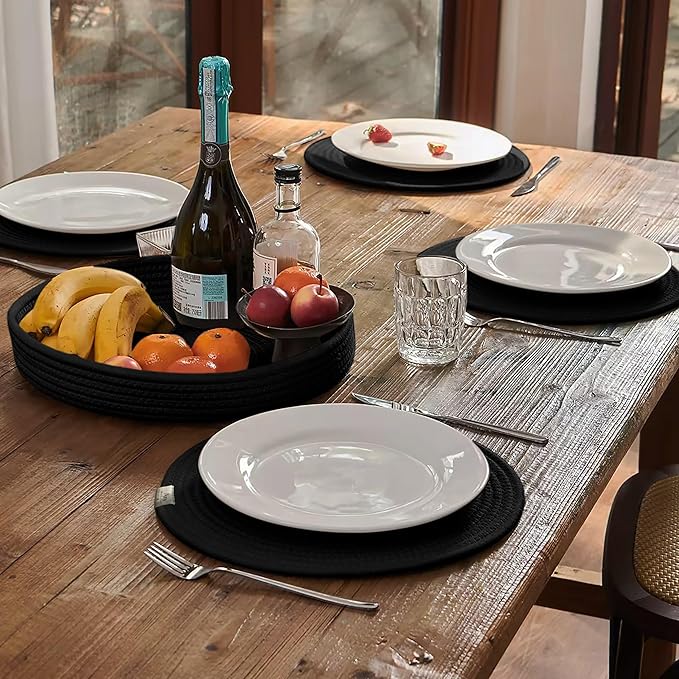 Art PineCone's Woven Cotton Rope Round Placemats Set of 4 with Holder Included, Non-Slip, and Heat Resistant Shabby Chic Placemats (Black, 13 inch)