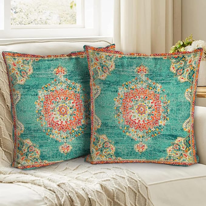 Boho Throw Pillow Covers 16x16 inch Set of 2,Bohemian Vintage Carpet Pattern Antique Ethnic Decor Double Sided Pattern Cushion Cover Soft Pillow Case Living Sofa Room Bed Square Pillow Cover