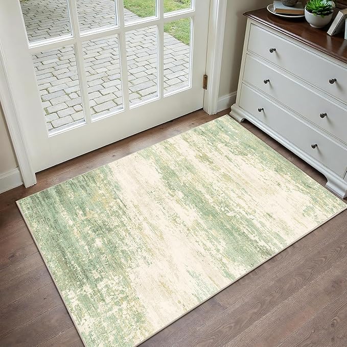 2x3 Modern Abstract Rug Washable Area Rugs for Living Room Bedroom Dining Room Non-Slip Low Pile Neutral Large Rug Soft Indoor Floor Carpet, Green