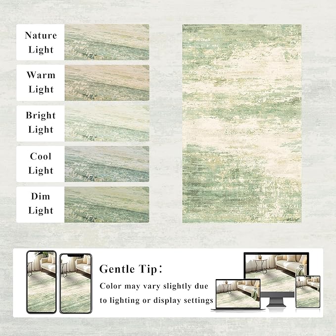 3x5 Modern Abstract Rug Washable Area Rugs for Living Room Bedroom Dining Room Non-Slip Low Pile Neutral Large Rug Soft Indoor Floor Carpet, Green