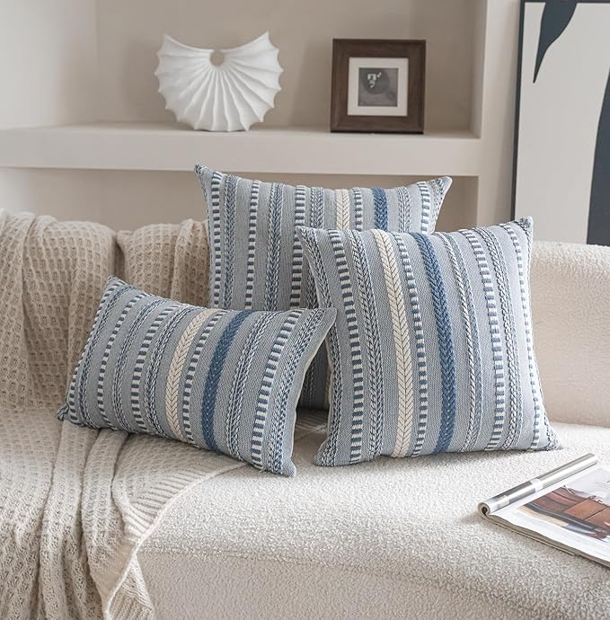 Boho Throw Pillow Covers 18x18 Inch Set of 2, Farmhouse Decorative Couch Pillow Cases, Blue Accent Pillows of Bed, Sofa Bedroom Living Room Home Decor Cushion Cover