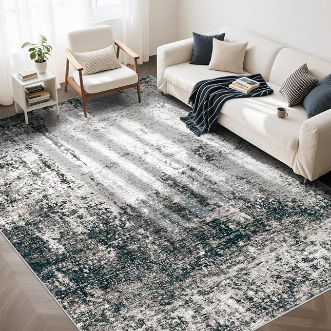 6x9 Area Rugs Washable Rug, Soft Modern Abstract Rugs for Living Room Large Low Pile Thin Rug Non Slip Indoor Neutral Carpet for Bedroom Dining Room Farmhouse Office Kids Playroom Black Grey Gold