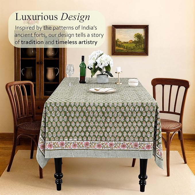 CPC Tablecloth 100% Cotton 60x90 Inch Indian Block Print Easter Rectangle Table Cover, Table Cloth for Weddings, Parties- Jade Green 6-Seater