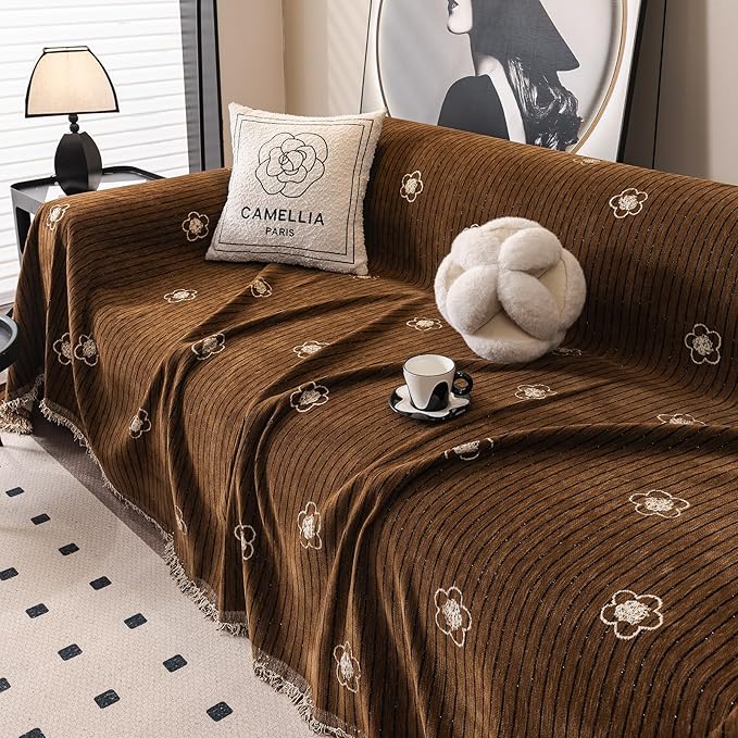 ROOMLIFE Boho Couch Covers Brown for 3 Cushion Sofa, Chenille Couch Cover Sectional Sofa Cover for Dog, Washable Furniture Sofa Protector Cover Soft Blanket with Tassel for Living Room, 71 '' X 134''