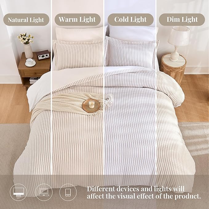 MILDLY Jacquard Stripe Duvet Cover - 100% Washed Cotton Light Khaki Boho Textured Comforter Cover 3pcs with Zipper Closure 104"x90"