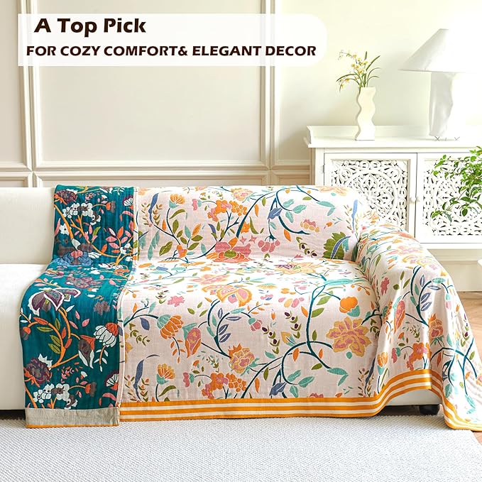 Boho Throw Blanket for Bed, 100% Organic Cotton Breathable Ultra Soft 50" x 60" Quilt Beige Throw - All Season Floral Farmhouse Decor Luxury Reversible Blanket for Sofa Couch Chair and Gift