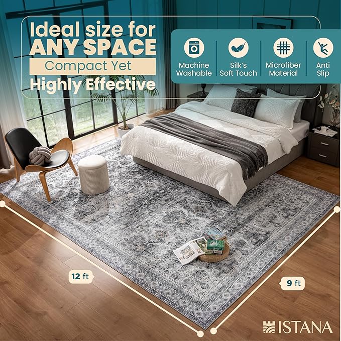 Istana 9x12 Area Rug - Grey 9 x 12 Area Rugs for Living Room - Foldable 9x12 Rugs for Bedroom - Stain Resistant Washable Rug - Eco-Friendly Area Rugs