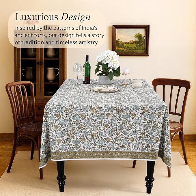 CPC Tablecloth 100% Cotton 72x140 Inch Indian Block Print Rectangle Table Cover, Blue Table Cloth for Weddings, Spring/Summer, Barbeque - Topaz Blue