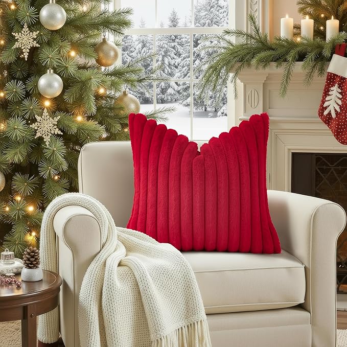 decorUhome Faux Fur Christmas Throw Pillow Covers 18x18 Set of 2, Decorative Soft Plush Striped Neutral Couch Euro Pillow Covers with Velvet Back for Sofa, Bed, Living Room Home Decor, Red