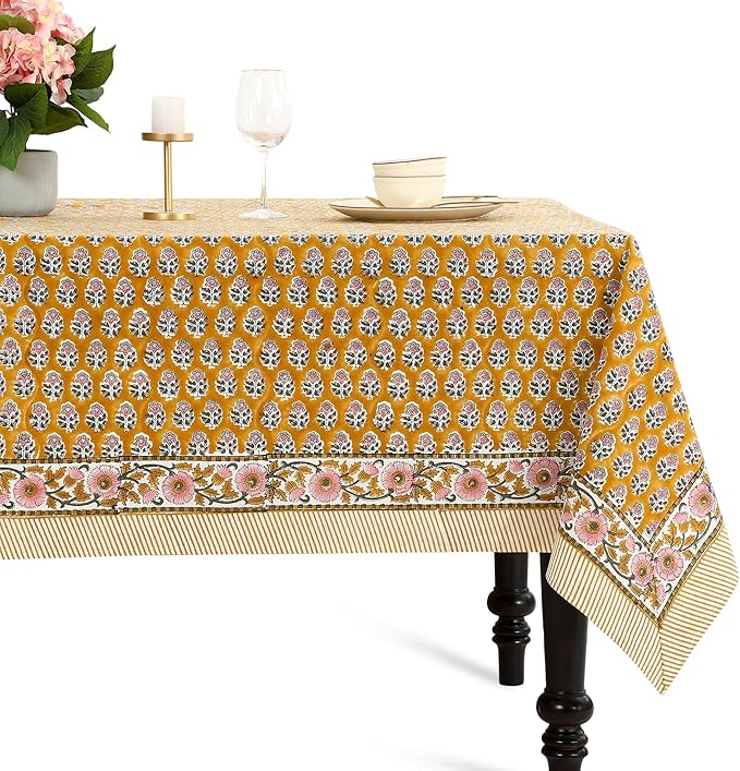 CPC Tablecloth 100% Cotton 70x108 Inch Indian Block Print Rectangle Table Cover, Gray Table Cloth for Weddings, Spring/Summer, Barbeque - Yellow Citrine