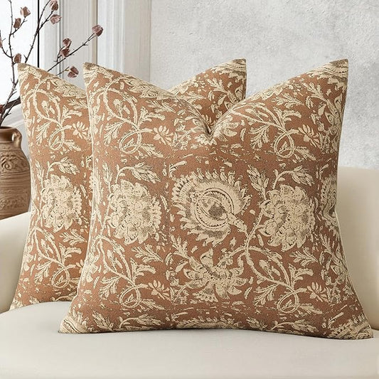 Vintage Floral Print Throw Pillow Covers 18x18 Set of 2 Neutral Modern Farmhouse Pillowcases Accent Decorative Cushion Covers Boho Home Decor for Couch Sofa Chair Bed Living Room, Cognac