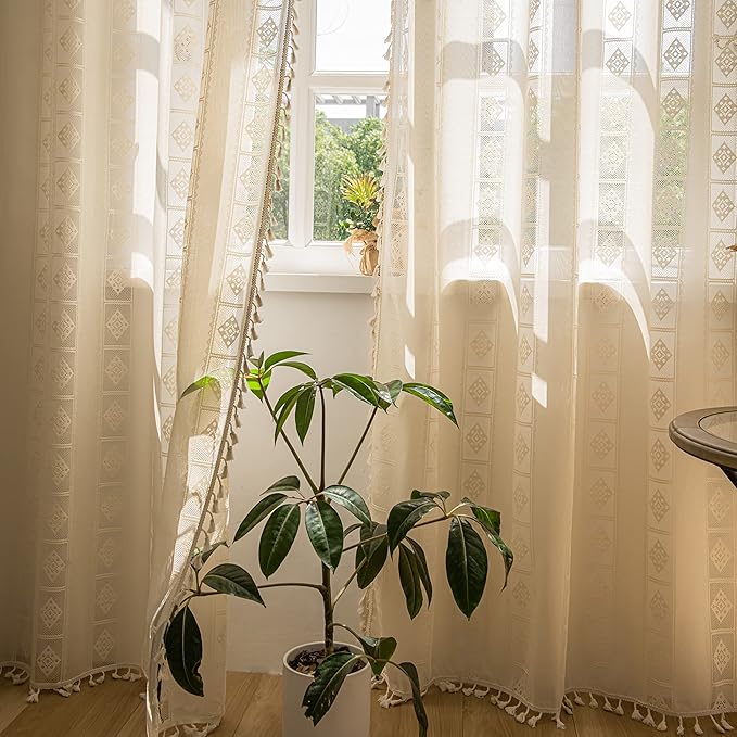Sutuo Home Beige Boho Curtains 2 Panels Crochet Lace Patchwork Semi Sheer Bohemian Handmade Tassels, Rod Pocket Window Treatment Vintage Rustic Farmhouse Drapes for Living Bedroom, 52" W x 84" L