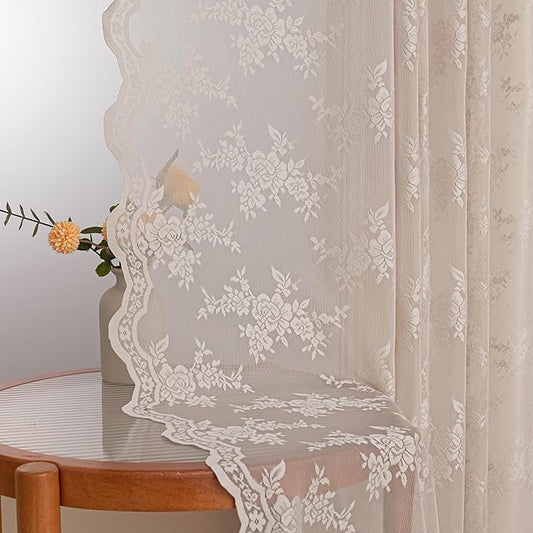 MEETSKY Boho Lace Sheer Curtains 90 Inches Long for Dining/Living Room Vintage Victorian Curtain French Elegant Back Tab Rod Pocket Light Filtering Drapes, 50" Wide Each Panel, 2 Panels, Oatmeal Beige