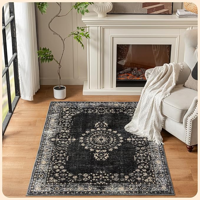 Istana 4x6 Area Rug - Black Rugs for Living Room 4x6 - Foldable Rugs for Bedroom - Stain Resistant Washable Rug - Eco-Friendly Boho Area Rugs - Easy to Clean Living Room Rug 4 x 6