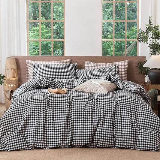 MooMee Gingham Duvet Cover Set 100% Washed Cotton Linen Like Textured Breathable Durable Soft Comfy Modern Checkered Design (Black White Gingham, Queen 90"x90")