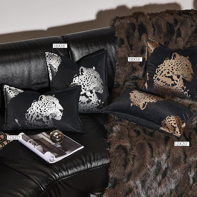 Decorative Lumbar Throw Pillow Cover 12x20'' inch, New Upgrade Velvet Luxury Silver Cheetah Embroidered Long Pillowcase for Bed Couch Sofa Bedroom Living Room