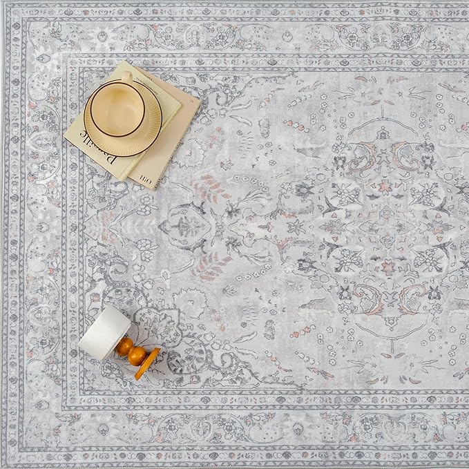 Grey 2x6 Runner Rug Washable Vintage Long Carpet for Hallway Kitchen Soft Retro Floral Low Pile Indoor Runner Non Slip Central Medallion Throw Rug for Bathroom Bedroom Laundry Dining Room