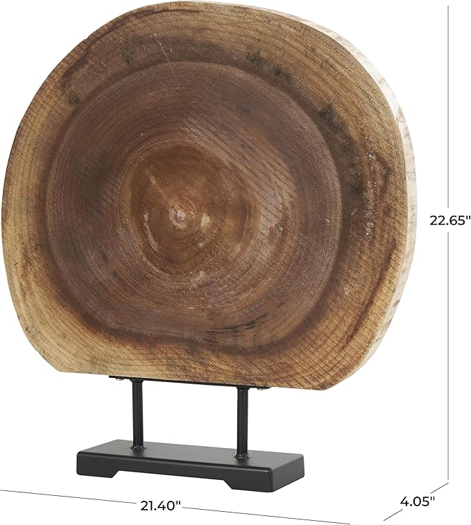 Deco 79 Wood Tree Handmade Decorative Sculpture Circular Slab Home Decor Statue with Black Metal Base, Accent Figurine 21" x 4" x 23", Brown