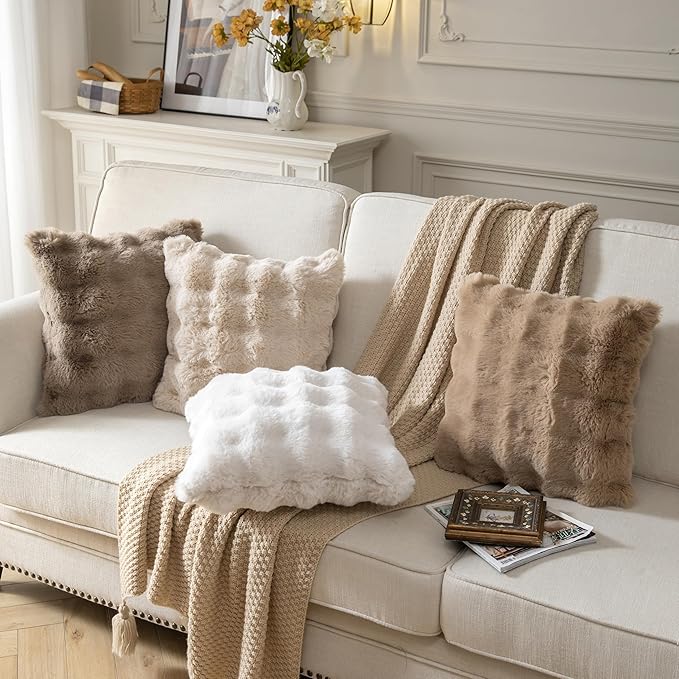 Pack of 2 Thick Plush Throw Pillow Covers Fluffy Wave Faux Fur Decorative Cushion Covers Soft Wool Pillowcase for Sofa Couch Livingroom 24x24 Inch White