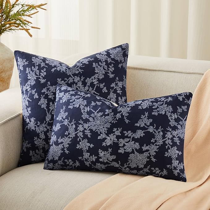 100% Cotton French Pastoral Throw Pillow Covers Set of 2, 18x18 Inch Background/Blue Farmhouse Decorative Cushion Covers for Sofa Bed Living Room Home Decor