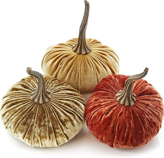 Set of 3 Velvet 6.25 Inch Pumpkins, orange pumpkins, pumpkin spice, elegant luxe accent for table, gift set basket for her, Thanksgiving centerpiece, hygge home (Luxe Brass, Burnt Orange, Gold)