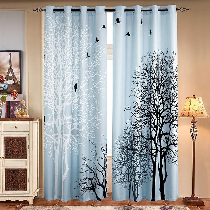 SUBRTEX Light Flitering Curtains 52Wx63L, Room Darkening Vibrant Floral Drapes, 50% Blackout, Semi Sheer Boho Farmhouse Curtains for Living Room, Light Blue