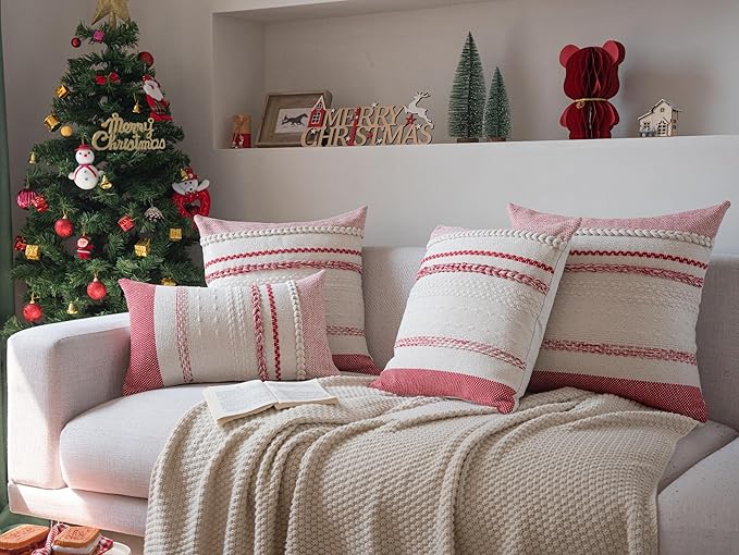 Christmas Pillow Covers 20x20 Inch Set of 2, Red Textured Boho Christmas Decorative Couch Pillow Cases for Farmhouse Home Decor, Accent Cushion Cover for Sofa, Bed, Living Room, Bedroom